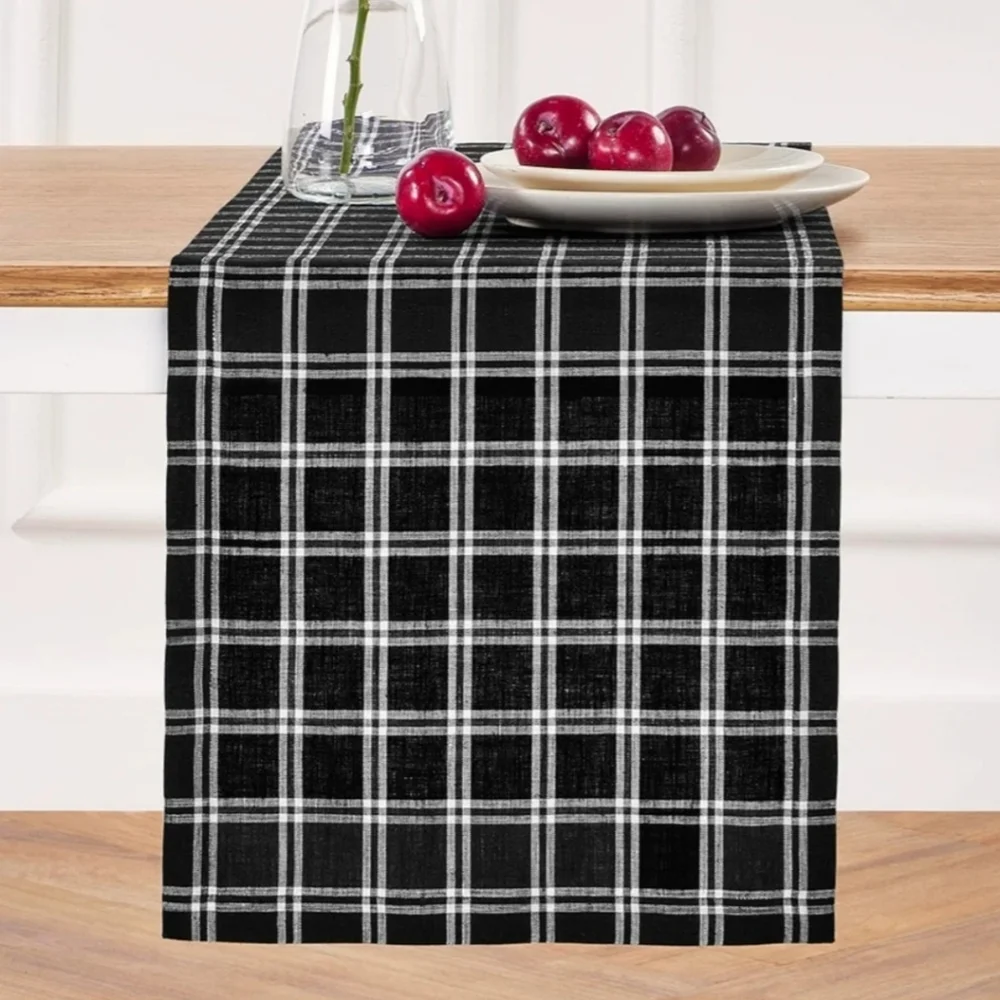 New Solino Black Plaid 100% Pure Linen 14 x 90 Table Runner